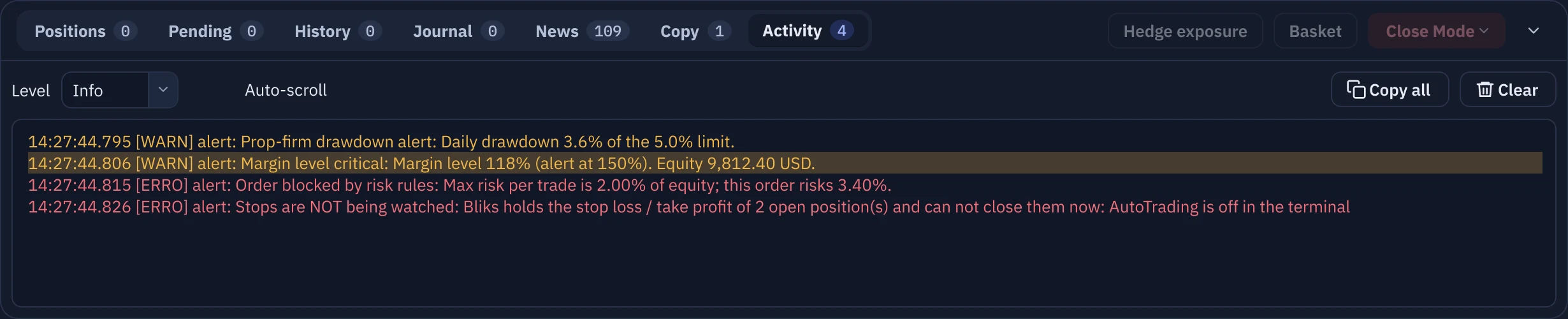 The Activity tab with one line highlighted after clicking an alert