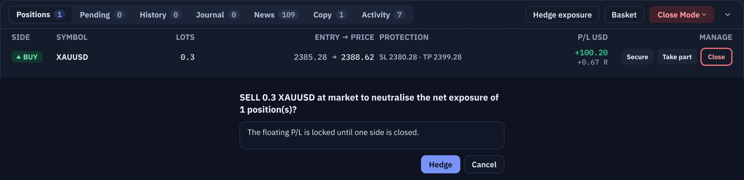 The Hedge exposure button enabled for a net exposure, with its confirmation