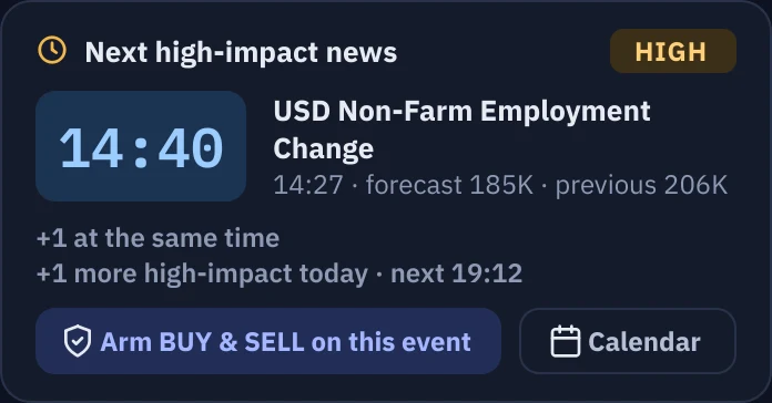 The next high-impact news card with a countdown and the Arm button