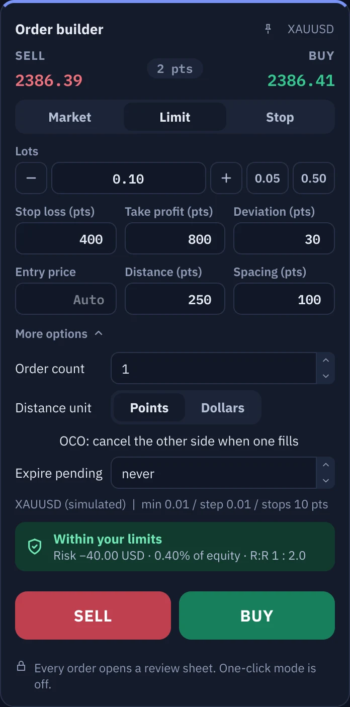The Order Builder on the Limit tab with the More options section open