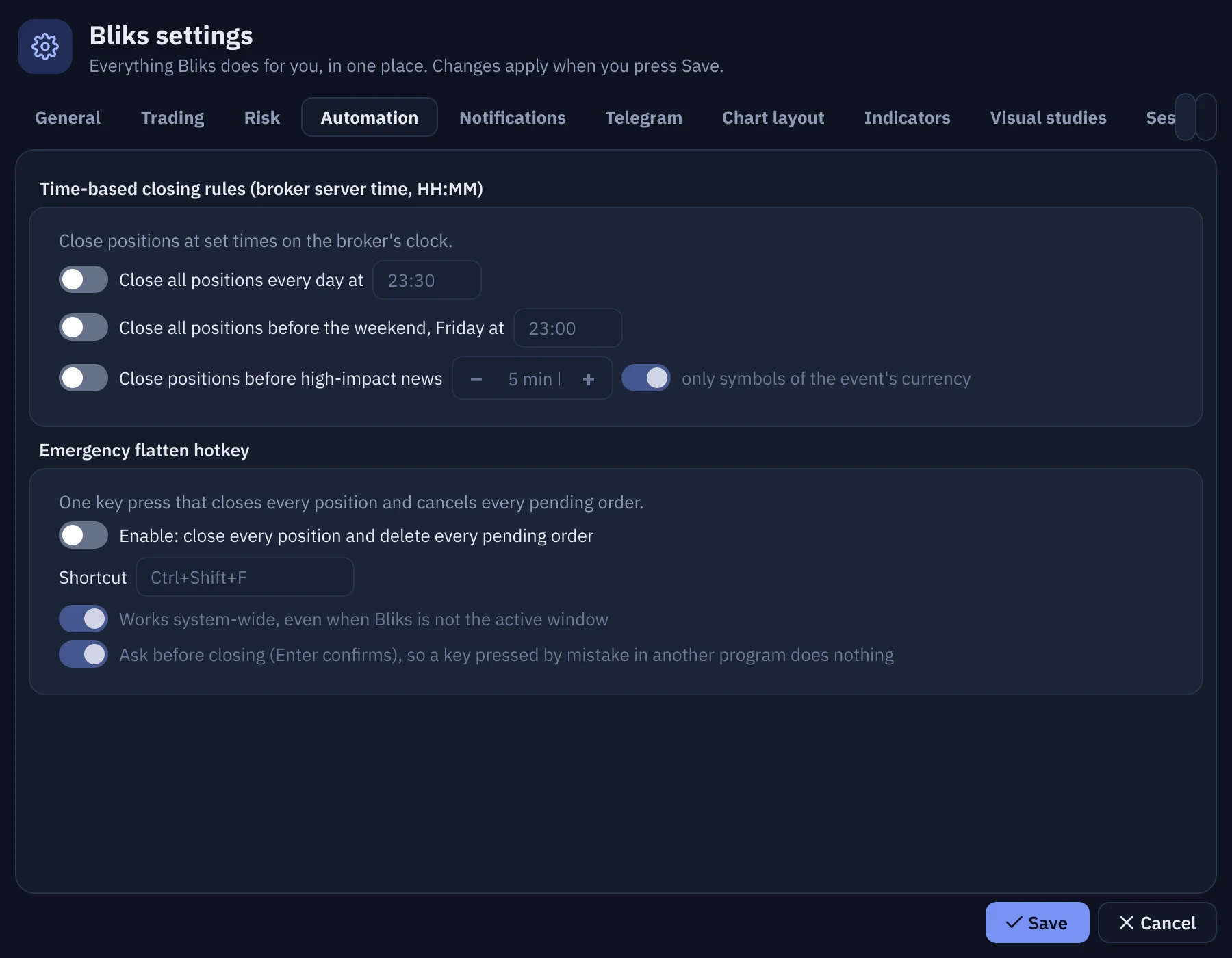 Settings, Automation page