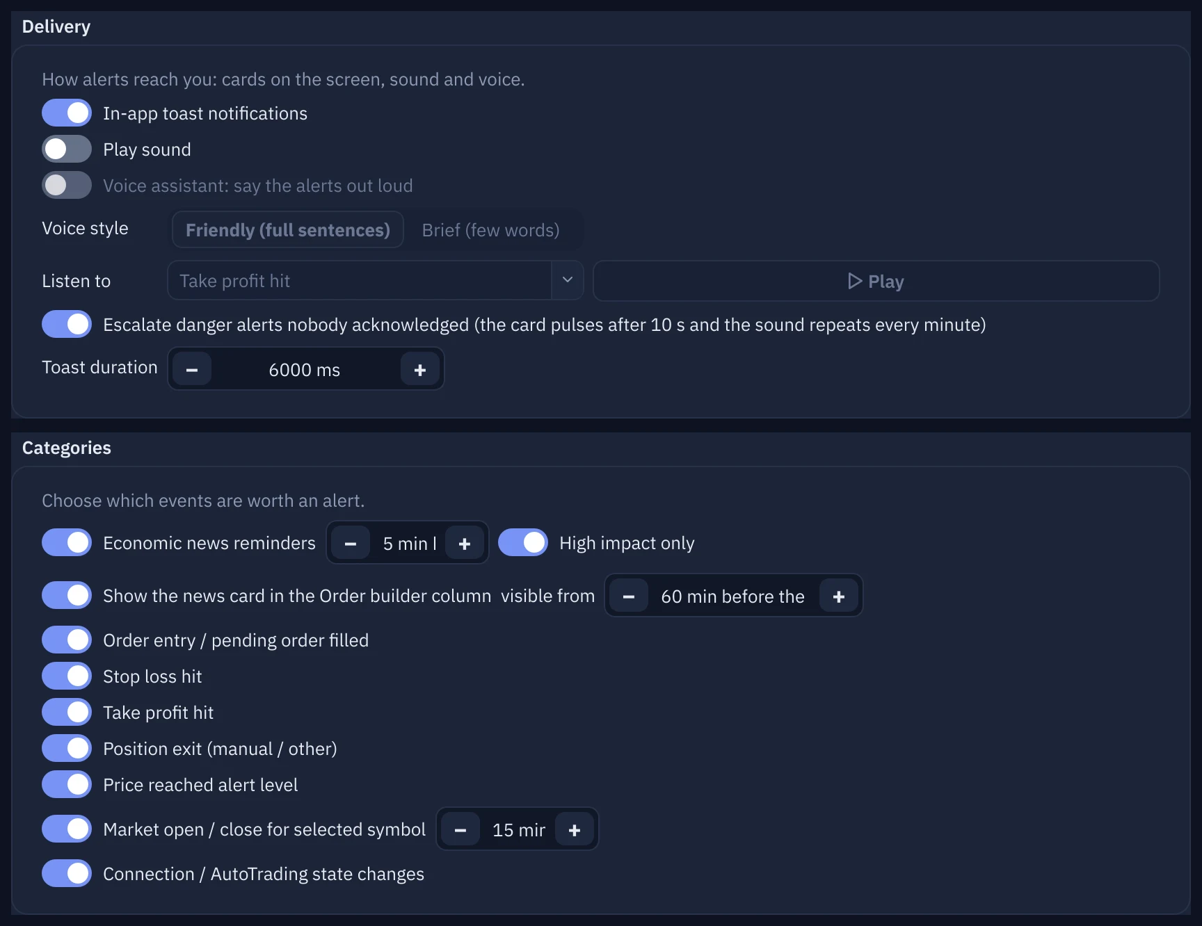 The notification settings page