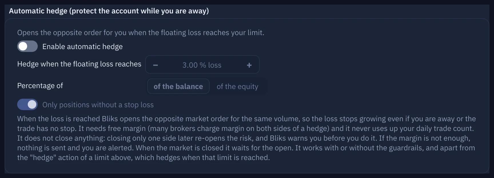 The Stop loss / take profit privacy group in Settings