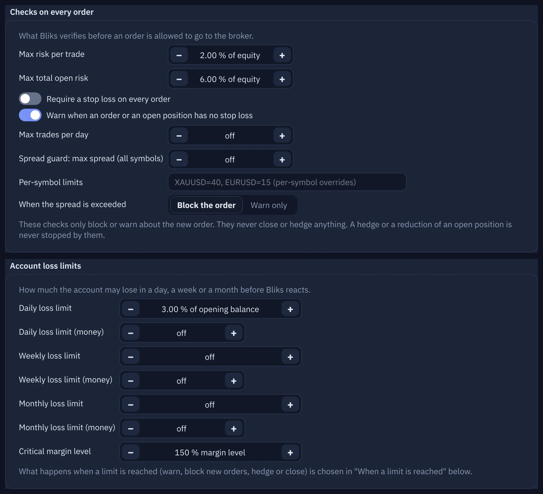 Settings, Risk page with the loss limits