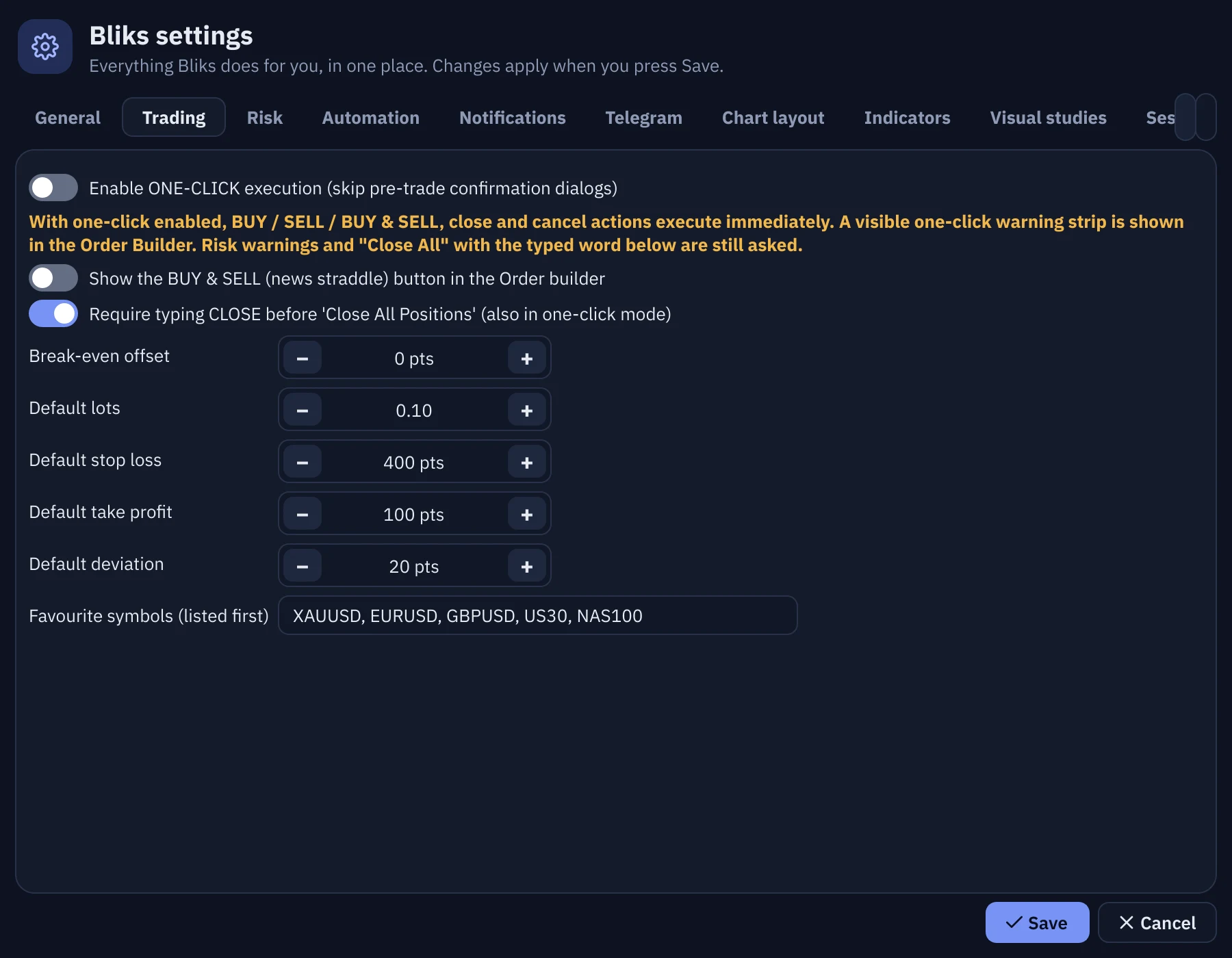 Settings, Trading page