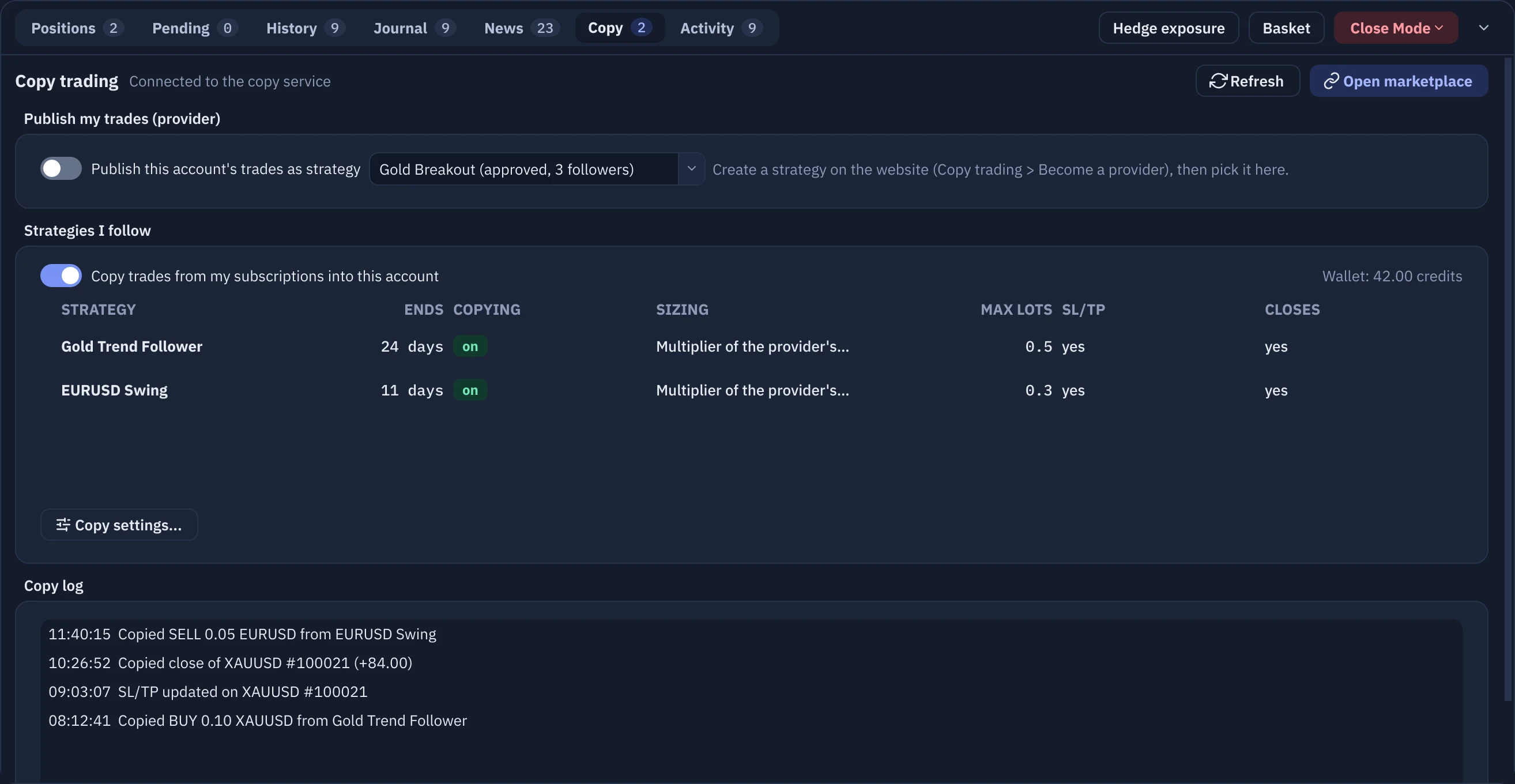 The Copy tab with followed strategies and the copy log